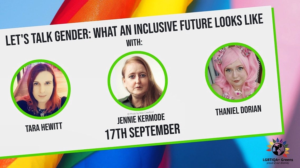 Profile pictures of the 3 guest speakers, overlaying a rainbow pride flag and a trans pride flag.