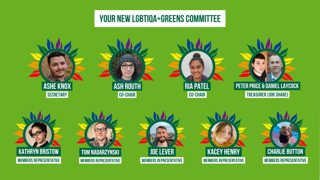 Group graphic of all the new LGBTIQA+ Green committee members, who are listed further down the page with their roles.