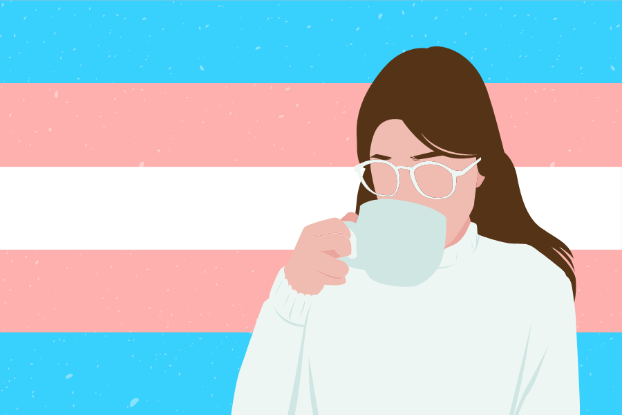 illustration of a person sipping from a mug, with the transgender pride flag behind.