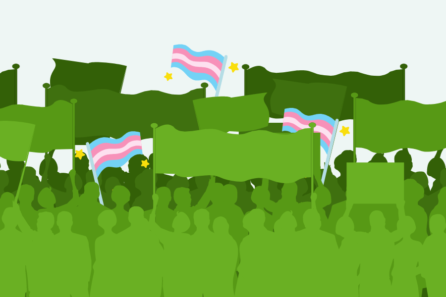 Green silhouette of a crowd with flags and banners. Some flags are the Trans pride flag.