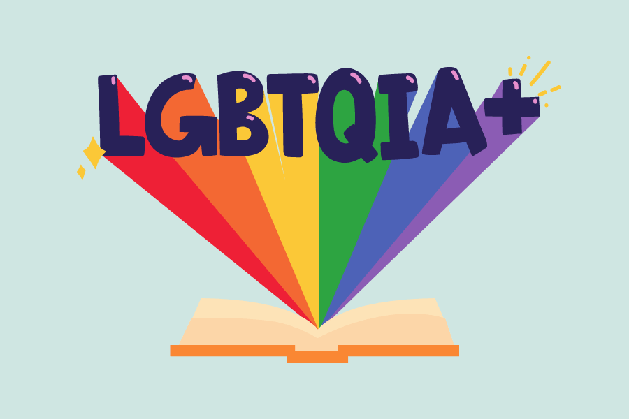 illustration of a book with the LGBTIQA+ acronym flying out leaving a trail of rainbow.