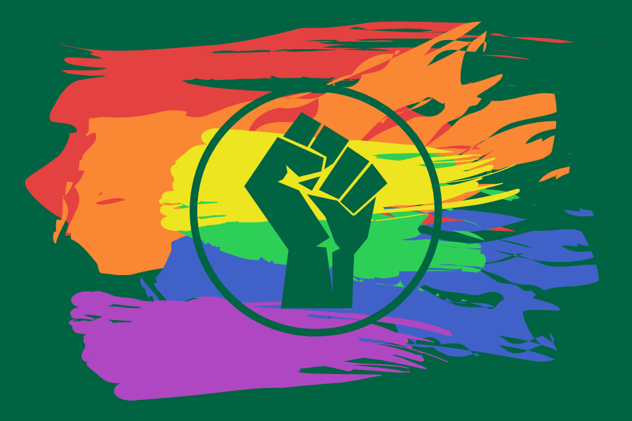 Scattered paint strokes in the LGBT Pride colours with a front-of-fist emblem, associated with the union movement, printed over the top