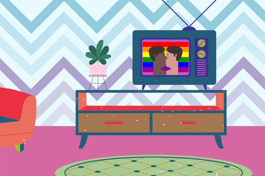 Illustration of a living room with two queer people kissing on the TV