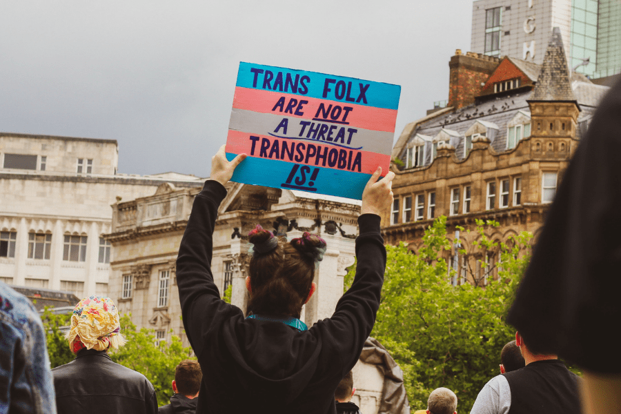 Person at a march holding a sign that says: "Trans folx are not a threat. Transphobia is!"