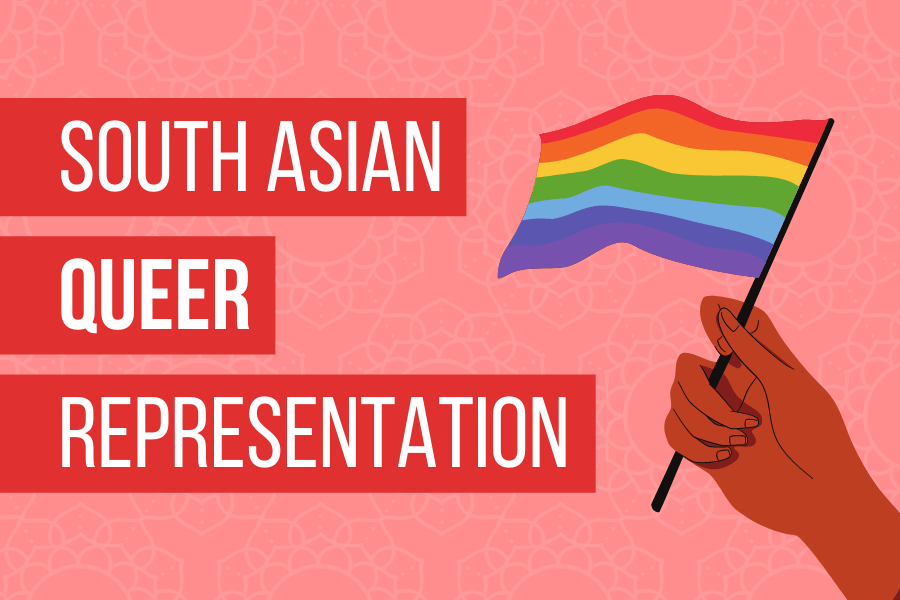 South Asian Quuer Representation with a hand holding the LGBT+ PRide flag.