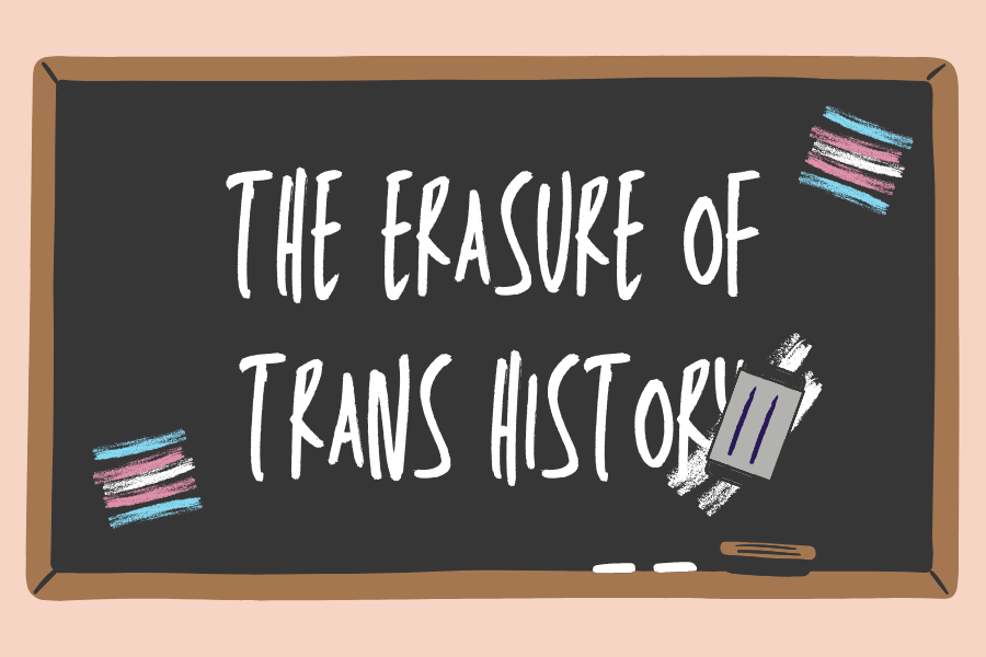 chalkboard graphic with the text "The erasure of trans history" written in chalk, being partially erased.