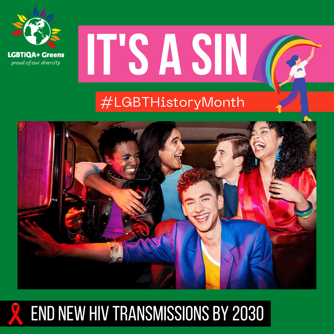 LGBT history month graphic with text saying it's a sin #lgbthistorymonth, end new HIV transmissions by 2030