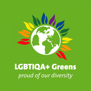 LGBTIQA+ Greens Logo. Square light green graphic with a world with rainbow petals. Text reading: 'LGBTIQA+ Greens. Proud of our diversity'