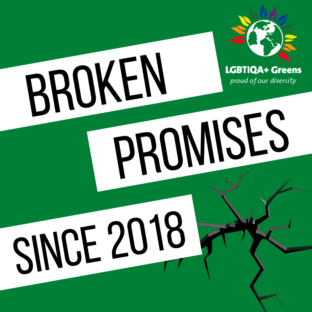 LGBT History month graphic with text saying "broken promises since 2018"