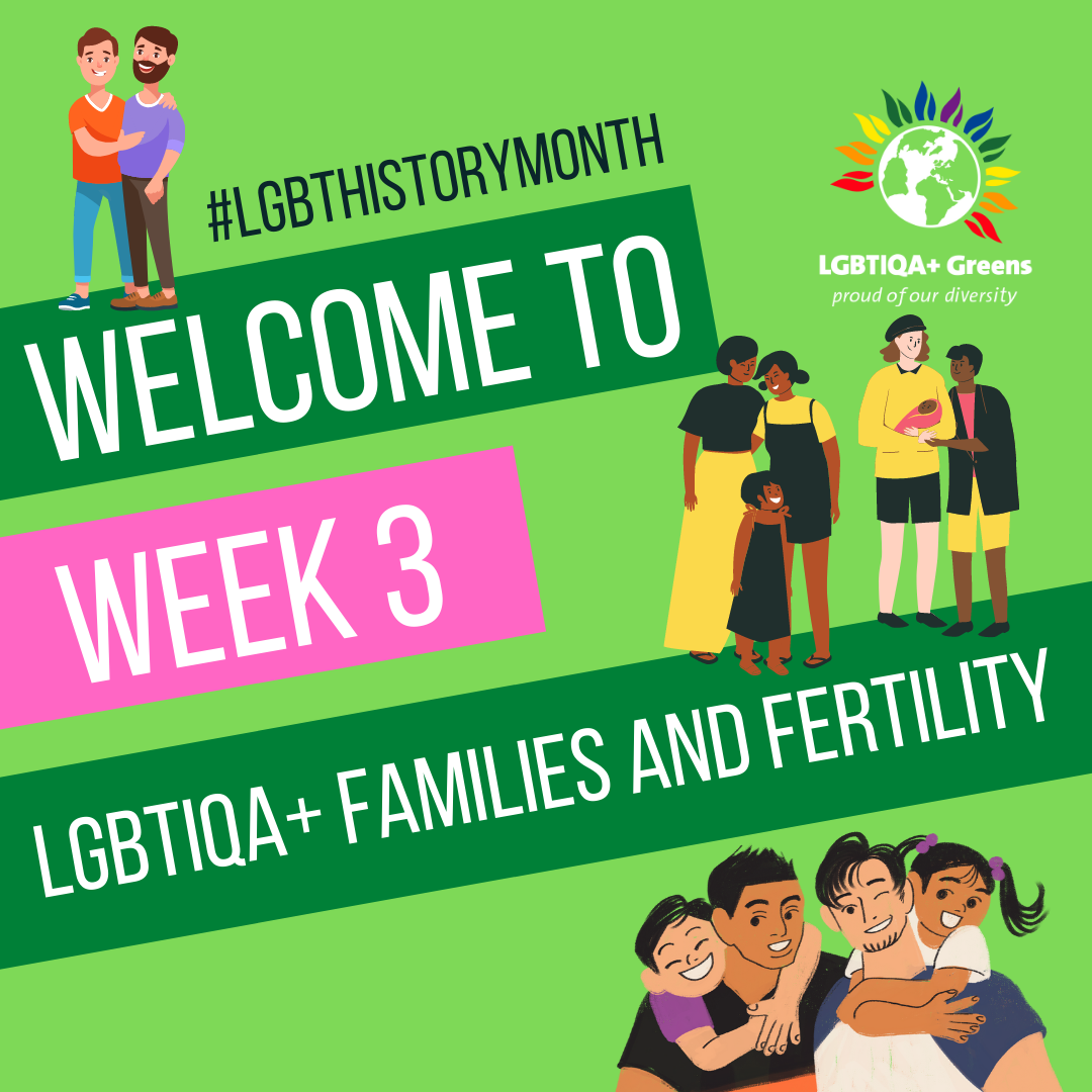 LGBT History month graphic: welcome to week 3, lgbtiqa+ families and fertility