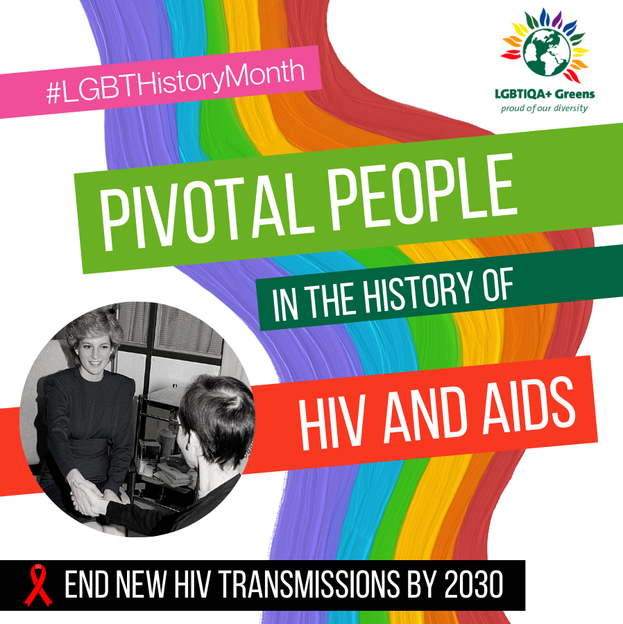 LGBT History month graphic pivotal people in the history of HIV and AIDS. Image contains Princess Dianna.