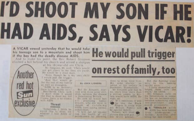 Newspaper article headline "I'd shoot my son if he had AIDS, says vicar"