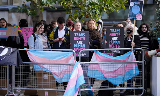 People at a Pride in Surrey event with "Trans Rights are Human Rights" placards and trans flags